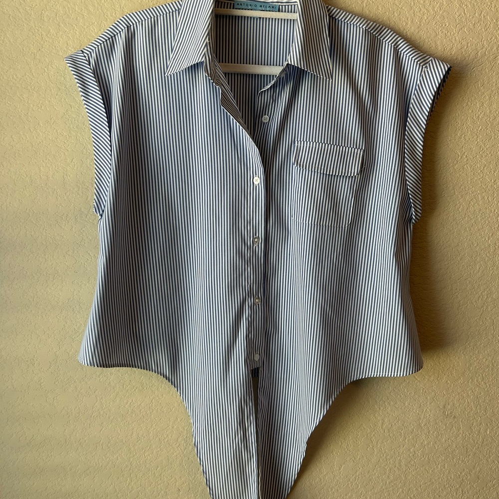 ANTONIO MELANI Blue and White Striped Button-Up Blouse